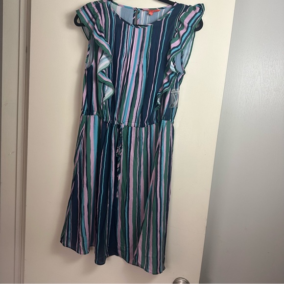 ModCloth Multicolored Striped Get Into The Ruffle Drawstring Waist Dress NWOT L - Picture 7 of 16